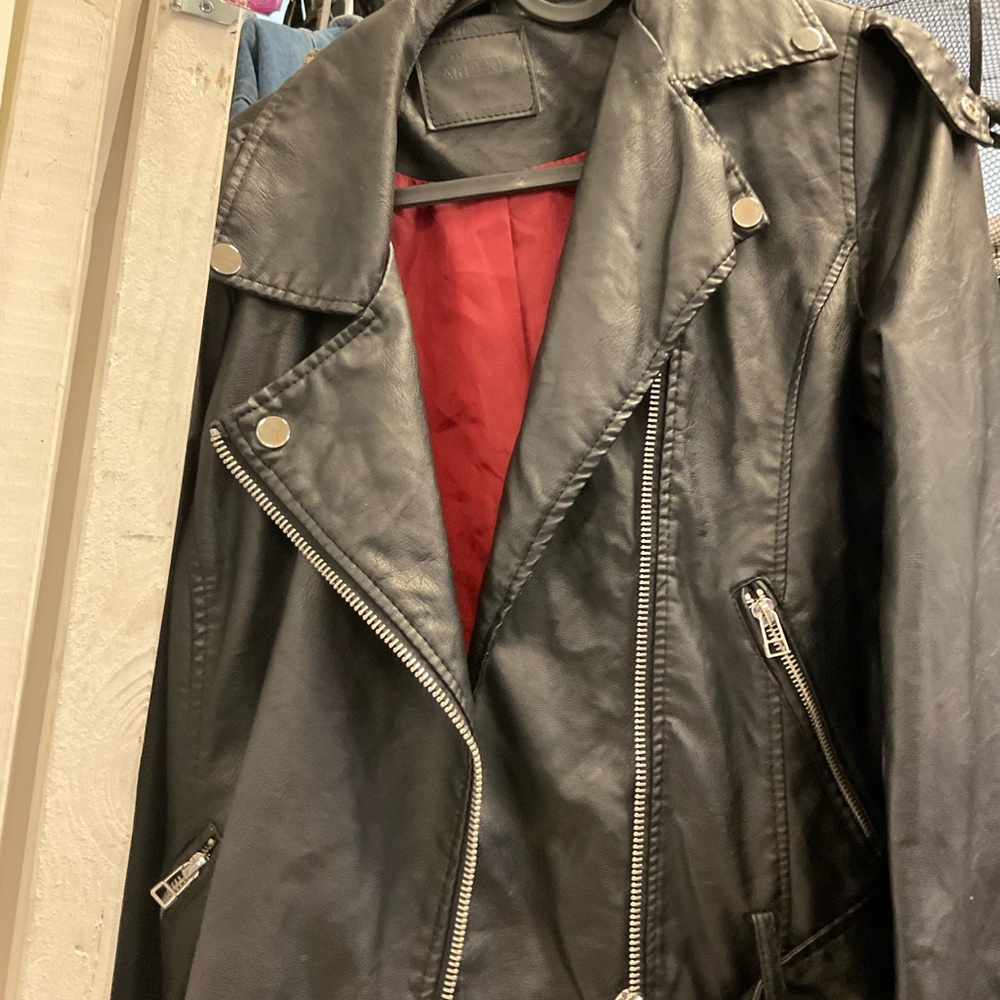 Ardene Black Leather Jacket with Bold Red Interior